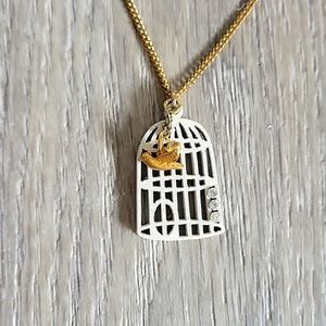 Laser cut wood Birdcage necklace with crystal stones and gold bird charm